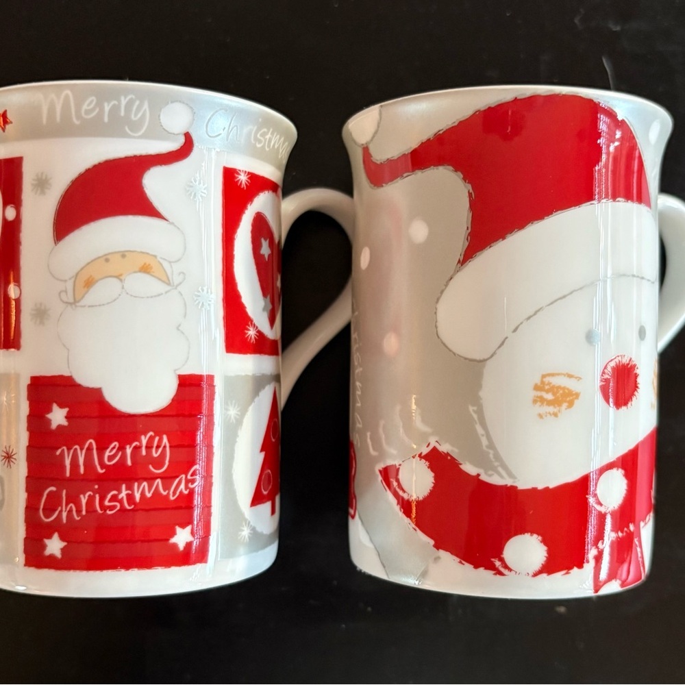 Christmas Santa Mugs - Red, White and Silver, Set of Two